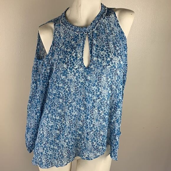 derek lam 10 crosby floral cold shoulder blouse top 12 sheer silk blue keyhole - Picture 2 of 6